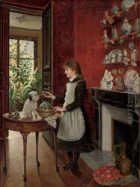 Young Girl With Her Dog Oil Painting by Albert Roosenboon