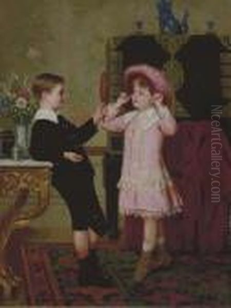 Two Children Playing Dress Up Oil Painting by Albert Roosenboon