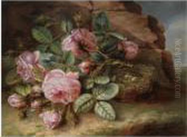 A Still Life With Roses Near A Bird's Nest Oil Painting by Margaretha Roosenboom