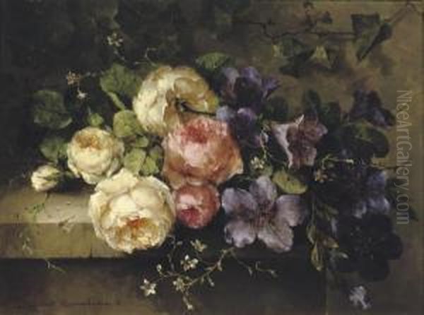 Bouquet De Roses Et De Mauves Sur Une Tablette: A Mixed Bouquet On A Ledge Oil Painting by Margaretha Roosenboom