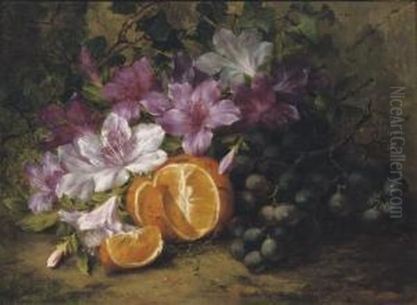 Blue Grapes An Orange And Purple Rhododendrons Oil Painting by Margaretha Roosenboom