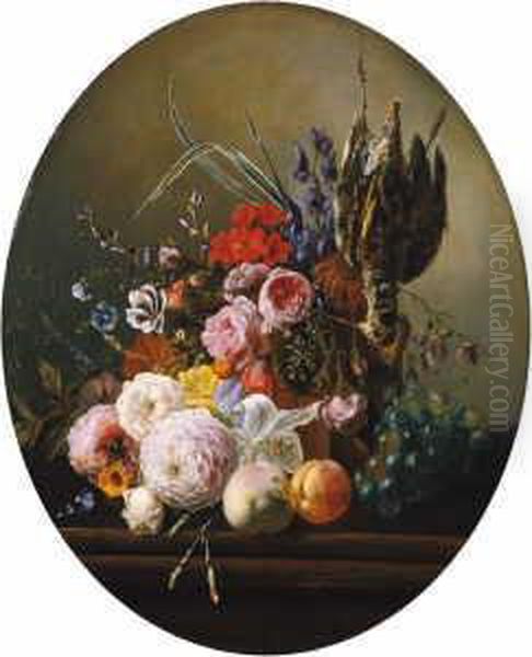 Blumen- Und Fruchtestilleben Mit Aufgehangter Bekassine. Oil Painting by Margaretha Roosenboom