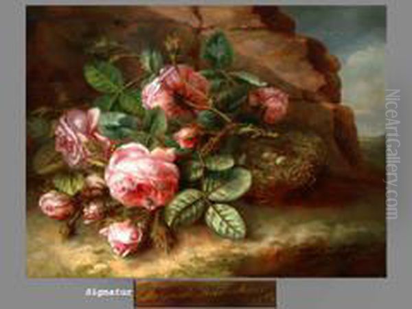 Rosen Neben Vogelnest Oil Painting by Margaretha Roosenboom