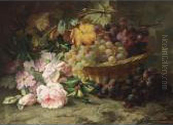 A Still Life With Roses And Grapes Oil Painting by Margaretha Roosenboom