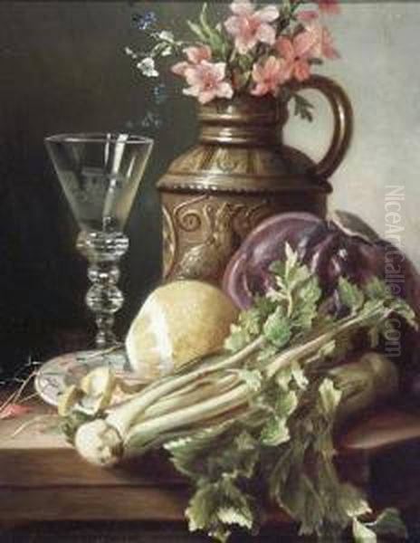 Still Life Of Flowers And Vegetables Oil Painting by Margaretha Roosenboom