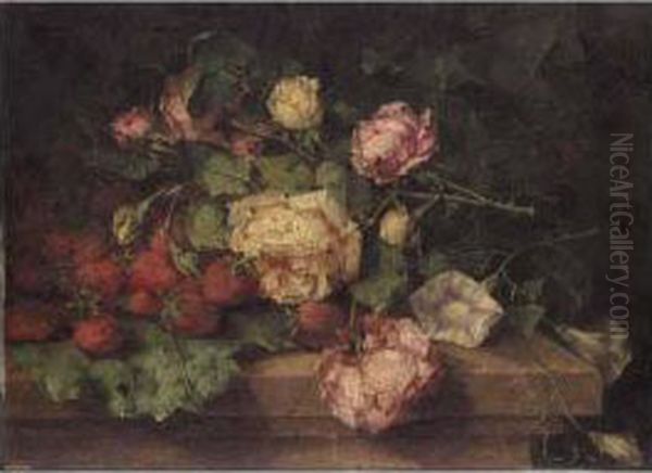 Still Life Of Roses And Strawberries Oil Painting by Margaretha Roosenboom