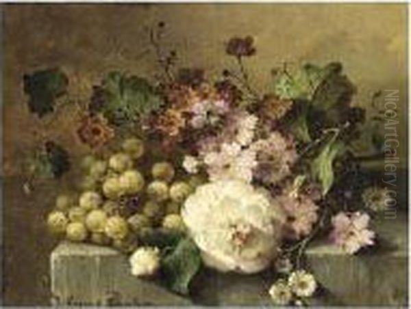 A Still Life With Flowers And Grapes On A Ledge Oil Painting by Margaretha Roosenboom