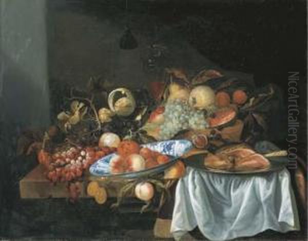 Fruits, Porcelaine, Verre Et Jambon Sur Un Rebord Oil Painting by Jacob Rootius