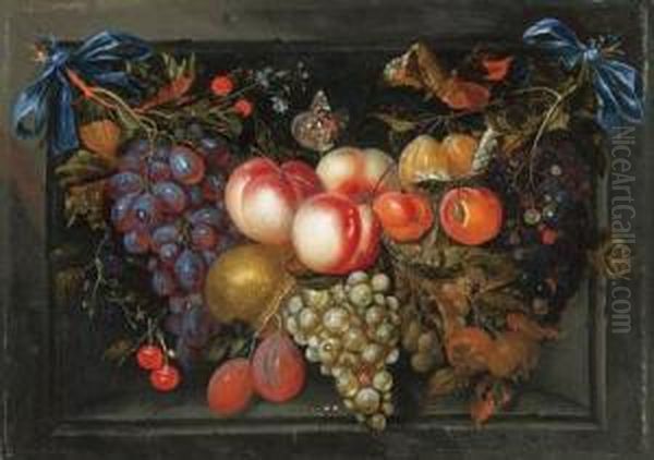 A Swag Of Grapes, Peaches, 
Plums, Blackberries, Cherries, Figs,apricots, A Pear And A Poplar 
Admiral Oil Painting by Jacob Rootius