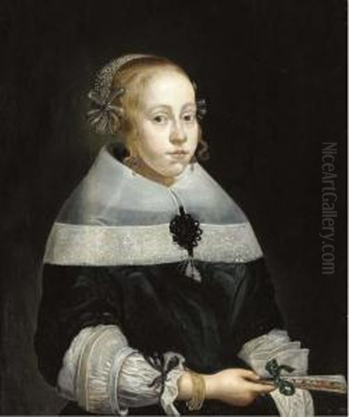 Portrait Of A Young Lady, Bust-length, In A Black Dress With A Fanin Her Hand Oil Painting by Jan Albertz. Rotius