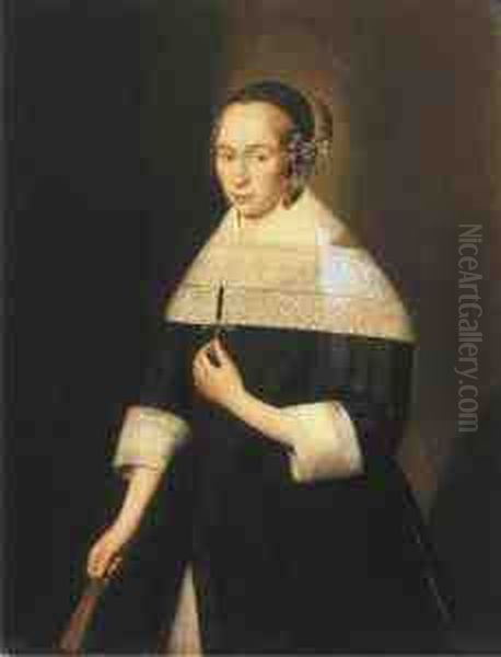 Portrait Of A Young Lady, Aged 
24, Three-quarter-length, In A Blackdress With A White Lace Collar, A 
Lace Head-dress And Dropearrings, Holding A Fan by Jan Albertz. Rotius