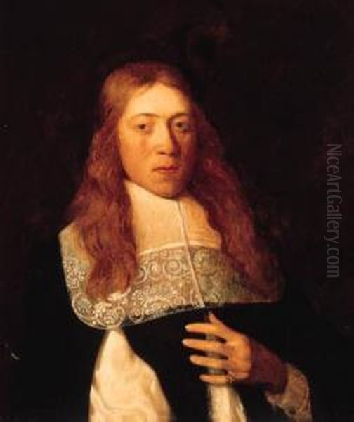 Portrait Of A Young Man, Half 
Length, Wearing Black Costume Withslashed Sleeves And White Cuff Oil Painting by Jan Albertz. Rotius