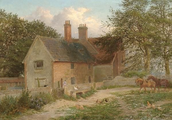 Farmyard Scene With Workhorses And Chickens Oil Painting by George Thomas Rope