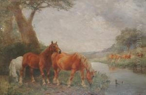 Horses By A Stream 'g.t.rope' (lower Right) Oil Painting by George Thomas Rope