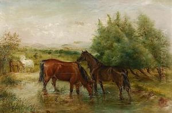 Horses In A Pool Oil Painting by George Thomas Rope