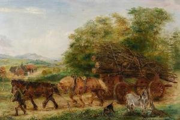 Two Horses Drawing A Timber Wagon Oil Painting by George Thomas Rope