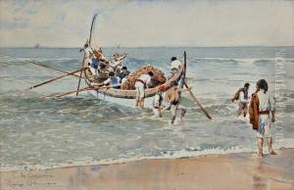 Pescadores - Costa Da Caparica Oil Painting by Alfredo Roque Gameiro