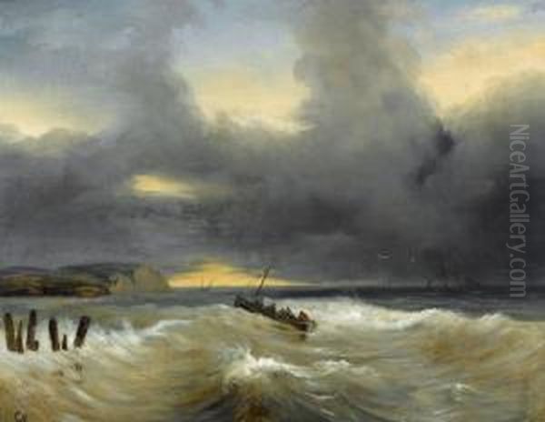 Kustenpartie Mit Boot Im Sturm. Oil Painting by Camille-Joseph-Etienne Roqueplan