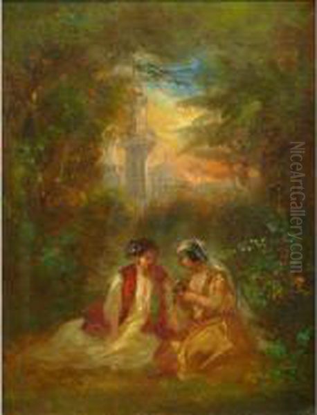 Vue Orientaliste Animee (scene Romantique) Oil Painting by Camille-Joseph-Etienne Roqueplan