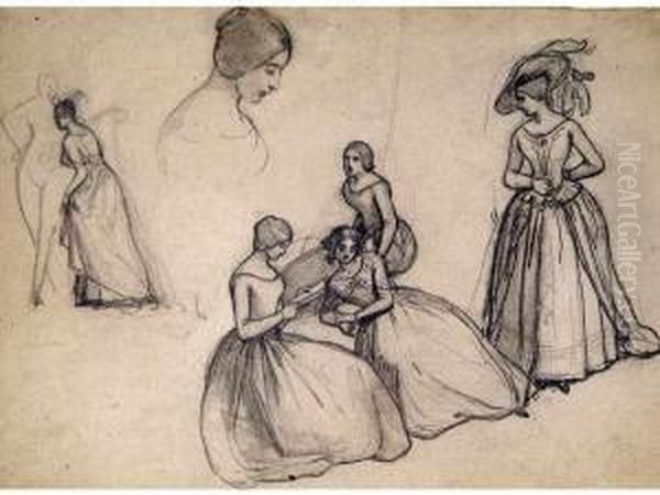 Jeunes Filles Lisant Crayon Sur 
Papier Etude Pour Le Tableau Du Musee De Grasse. 24.70 X 32.50 Cm Oil Painting by Camille-Joseph-Etienne Roqueplan