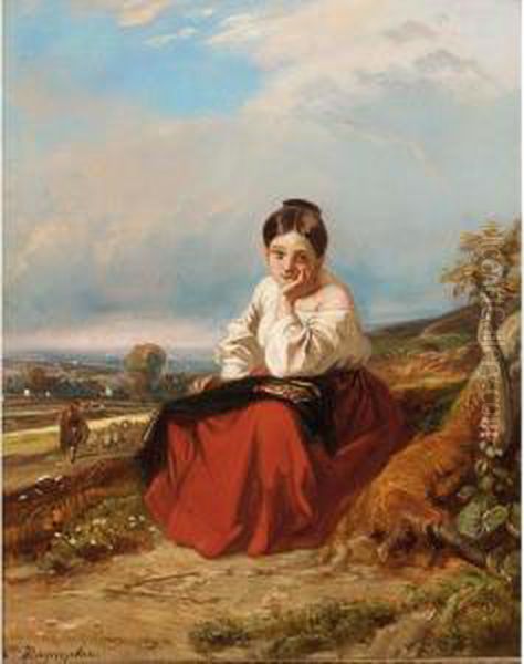 A Seated Young Girl In A Landscape Oil Painting by Camille-Joseph-Etienne Roqueplan