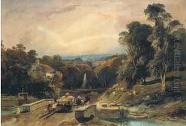 Charrette Sur Un Pont Au Soleil Couchant Oil Painting by Camille-Joseph-Etienne Roqueplan