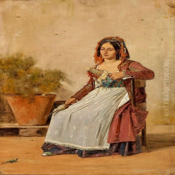 A Spinning Woman Fromsubiaco Oil Painting by Martinus Rorbye