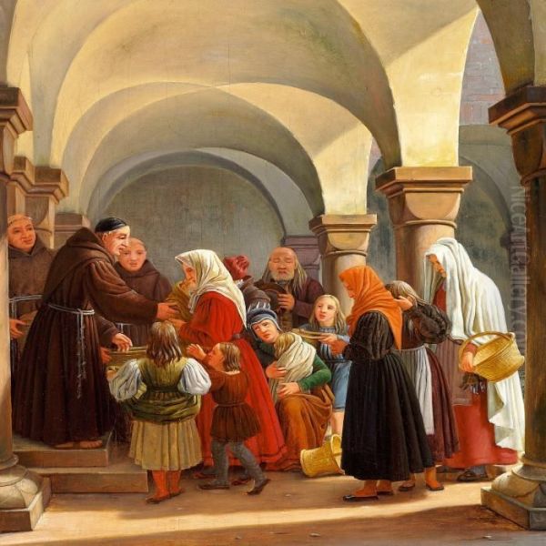 Alms. Monks Distributing Food To The Poor In An Italian Cloister. Oil Painting by Martinus Rorbye