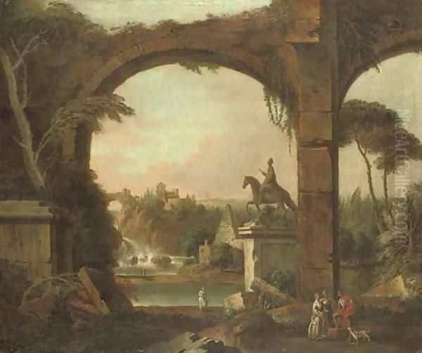 An architectural capriccio with Roman ruins and figures conversing in the foreground Oil Painting by William Delacour