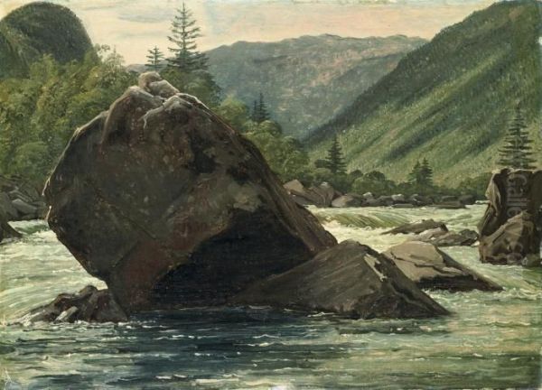 A Jutting Rock In The Rapids (fos Med Fremragende Klippestykke) Oil Painting by Martinus Rorbye