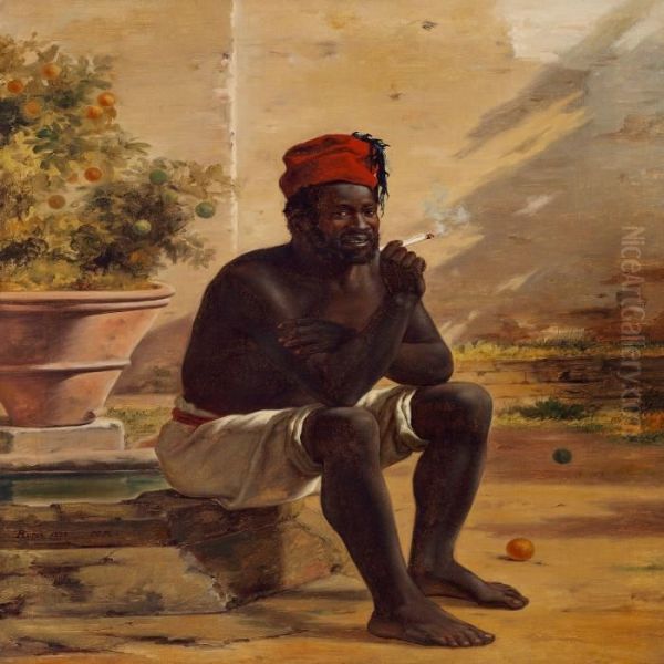 A Nubian Sitting On A Staircase In Rome, Smoking A Cigarette Oil Painting by Martinus Rorbye