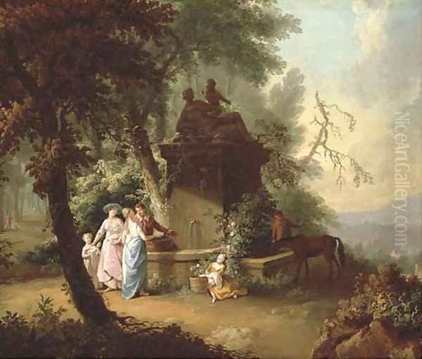 An extensive landscape with elegant company by a fountain in a wooded glade Oil Painting by William Delacour