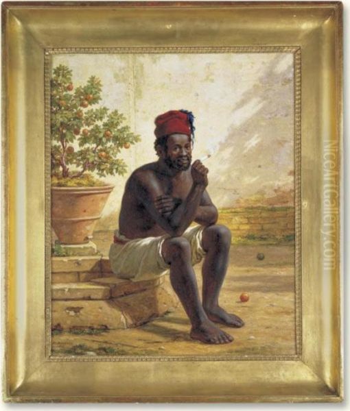 A Seated Nubian Smoking A Cigarette Oil Painting by Martinus Rorbye