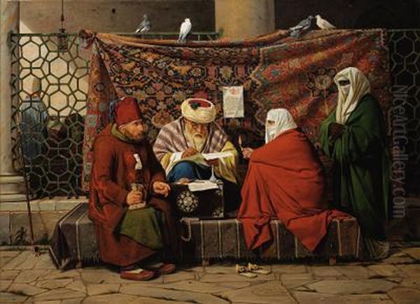 A Turkish Notary Drawing Up A 
Marriage Contract In Front Of The Kilic Ali Pasha Mosque, Tophane, 
Constantinople Oil Painting by Martinus Rorbye