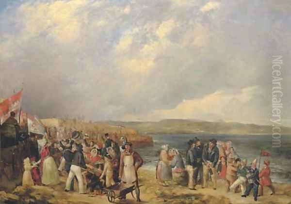 The opening of Granton Harbour, Edinburgh, 29 June 1838, with the Duke of Buccleuch's carriage far left Oil Painting by William Turner Delonde