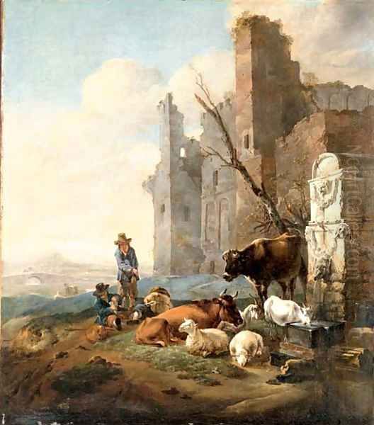 An Italian landscape with herdsmen Oil Painting by Karel Dujardin