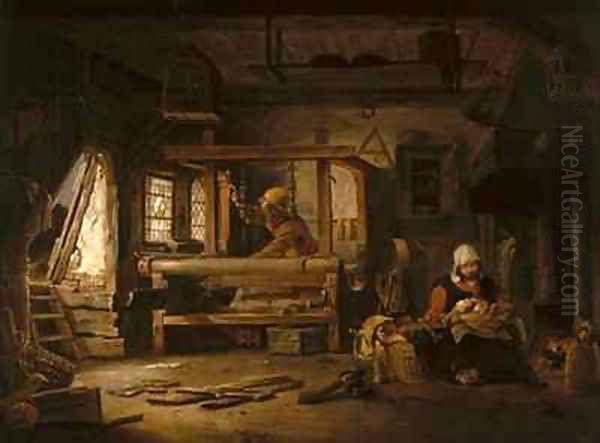 Interior of a Weavers Cottage with a Mother and Child Oil Painting by Cornelius Decker