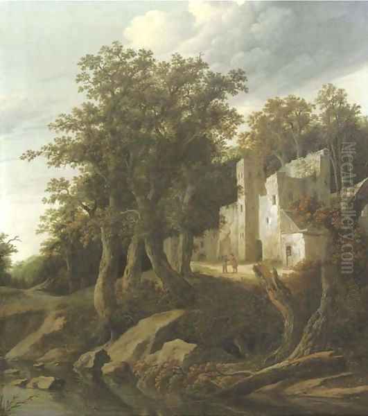 A wooded river landscape with figures conversing outside a ruinous building Oil Painting by Cornelius Decker