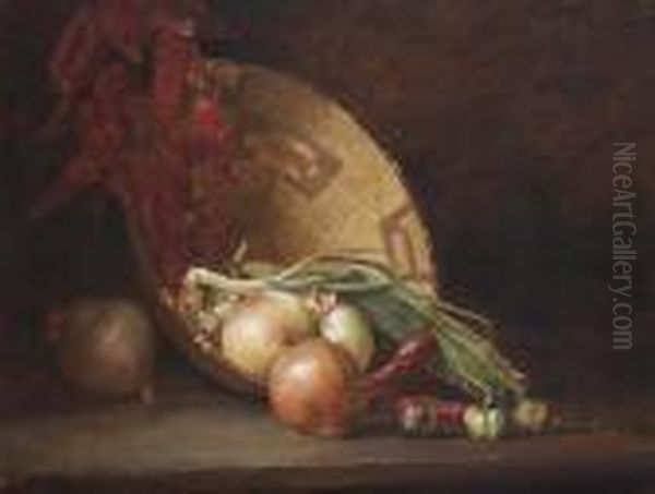 Still Life With Onions, Peppers And Basket Oil Painting by Guy Rose