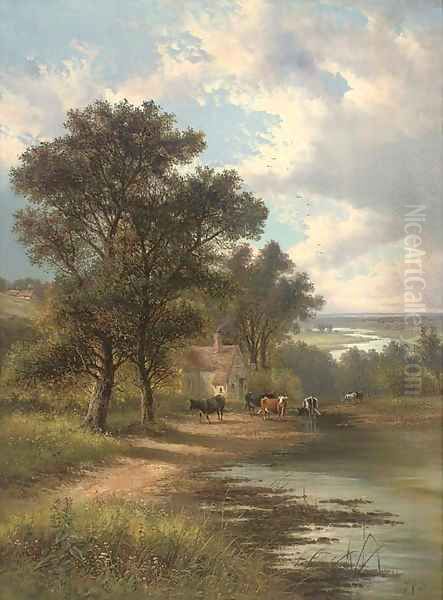 Cattle watering before a cottage; and A boy in a punt in an extensive landscape Oil Painting by Frederick George Dupont