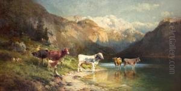 Berglandschaft Mit Viehherde Oil Painting by Karl Julius Rose