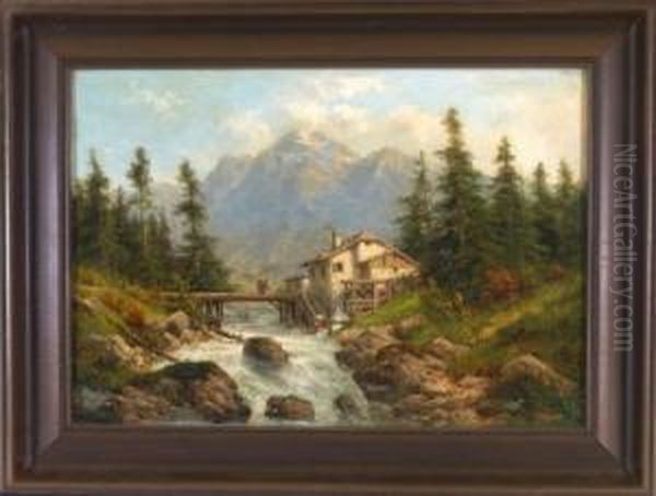 Wanderer Mit Kraxe Und Bauerin 
Beim Befullen Eines Eimers Bei Einer Wassermuhle Am Wildbach In 
Bewaldeter Berglandschaft Oil Painting by Karl Julius Rose