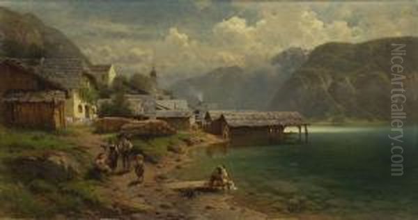 Bauernfamilie Vor Dem
 Dorf Oil Painting by Karl Julius Rose