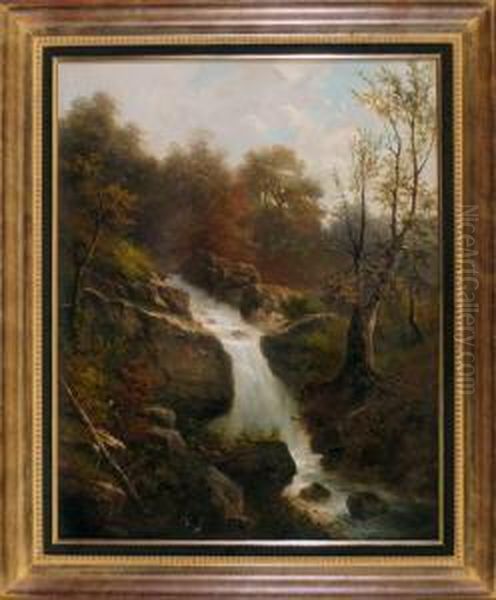 Wasserfall Im Herbstlichenlaubwald Oil Painting by Karl Julius Rose