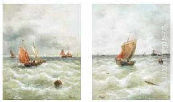 Fisherboats At The Adriatic Sea: Setting Out; Coming Ashore Oil Painting by Karl Julius Rose