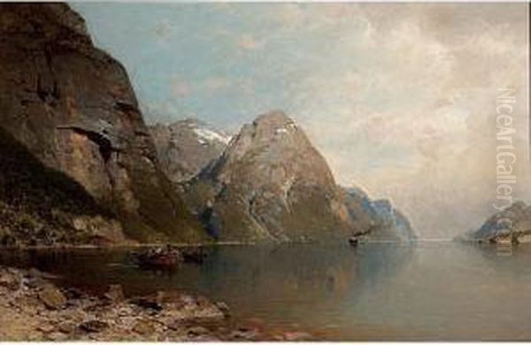 Mountainous Lake Landscape With Fishermen Oil Painting by Karl Julius Rose