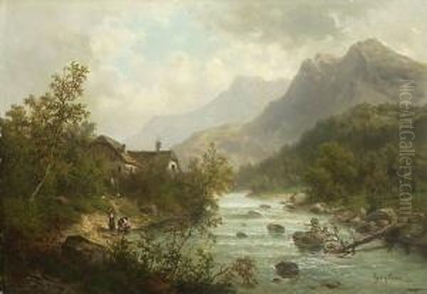 Gebirgslandschaft Mit
 Fluss. Oil Painting by Karl Julius Rose