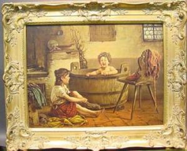 Giving Baby A Bath Oil Painting by William S. Rose