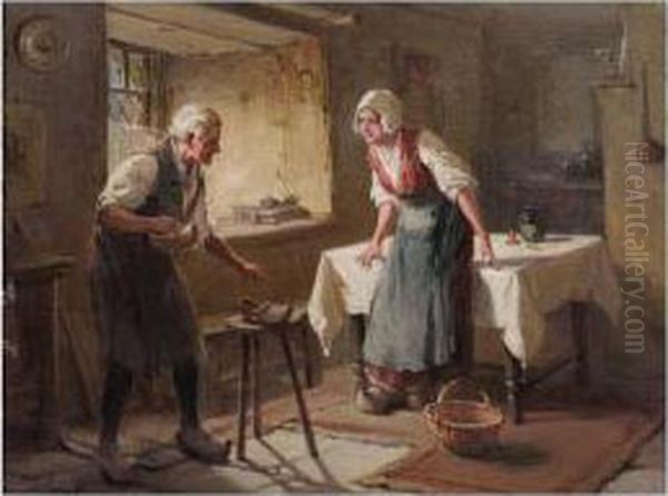 The New Clogs; Mending The Spinning Wheel Oil Painting by Alexander Rosell