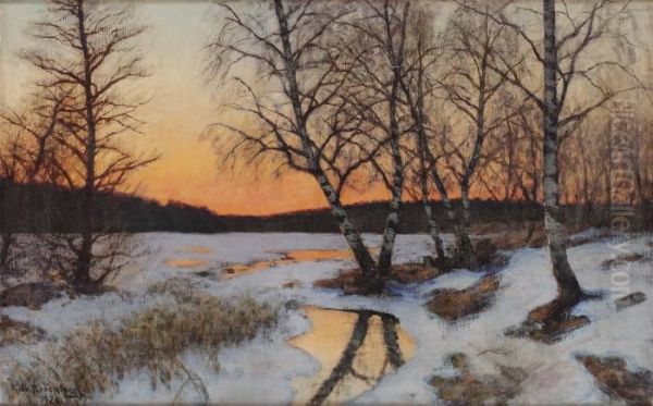 Vinterlandskap I Solnedgang Oil Painting by Edvard Rosenberg